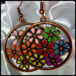 3/$25 Boho Daisy Flower Power Dangle Enamel Long Drop Circle Earrings